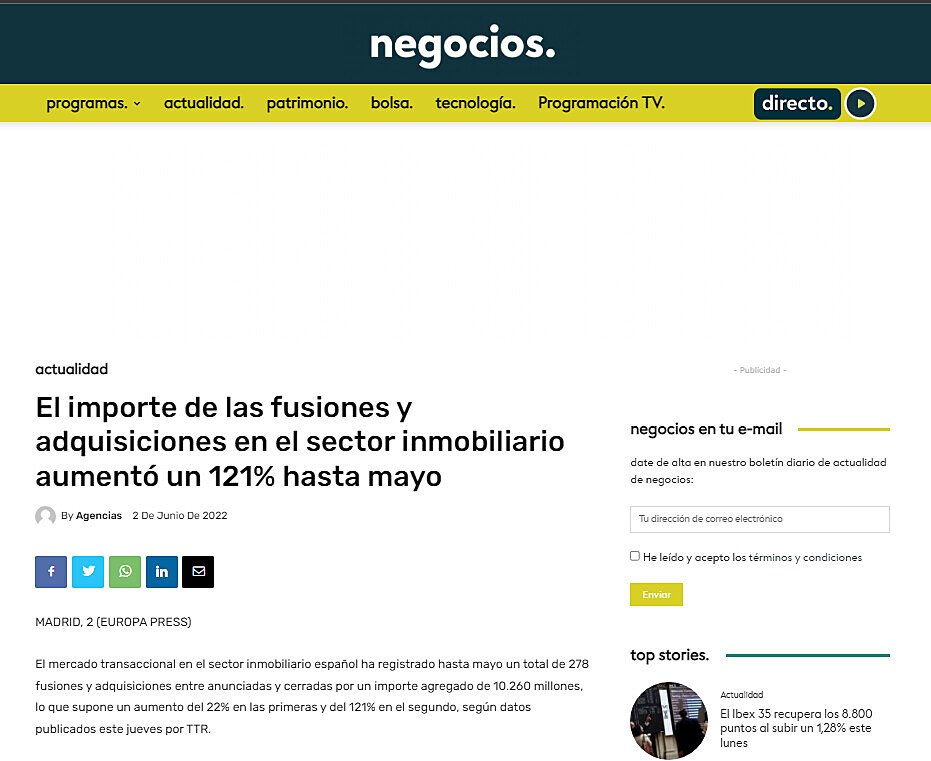 El importe de las fusiones y adquisiciones en el sector inmobiliario aument un 121% hasta mayo